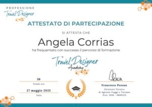 Image: Certificate of Angela Corrias certified travel designer